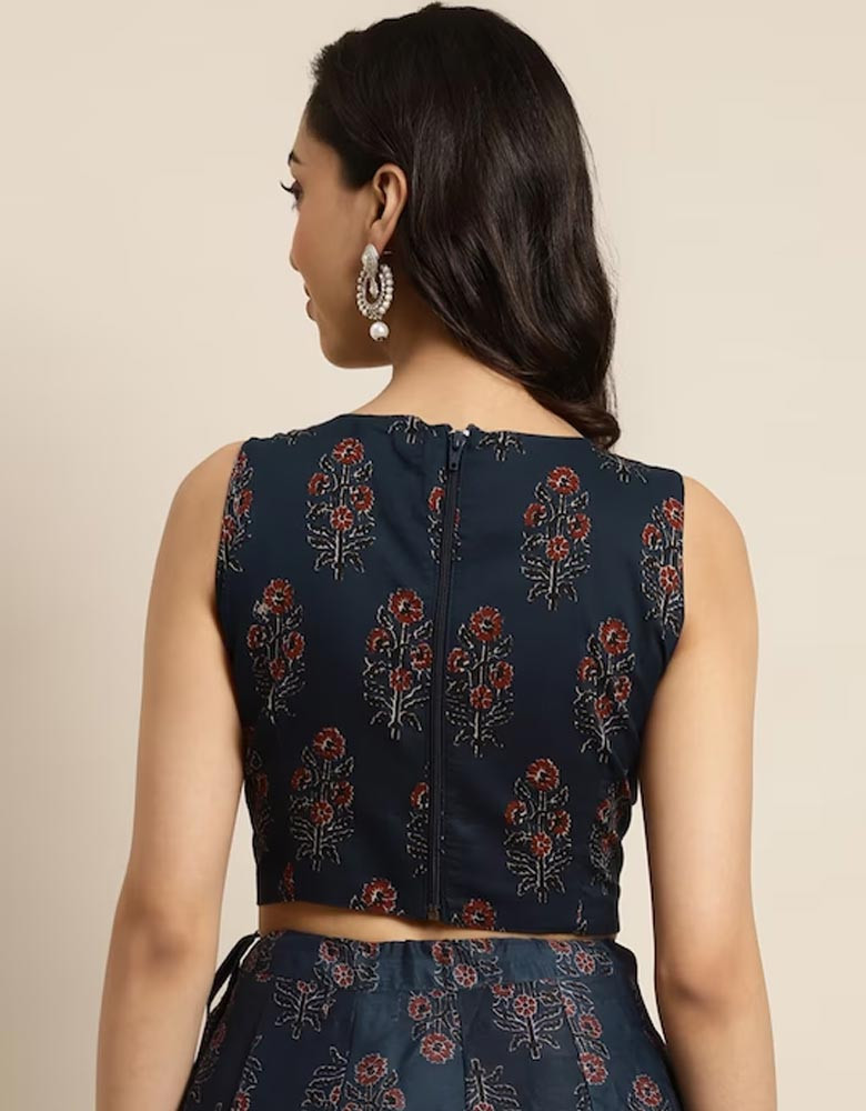 Women Navy Blue & Maroon Floral Print Crop Top