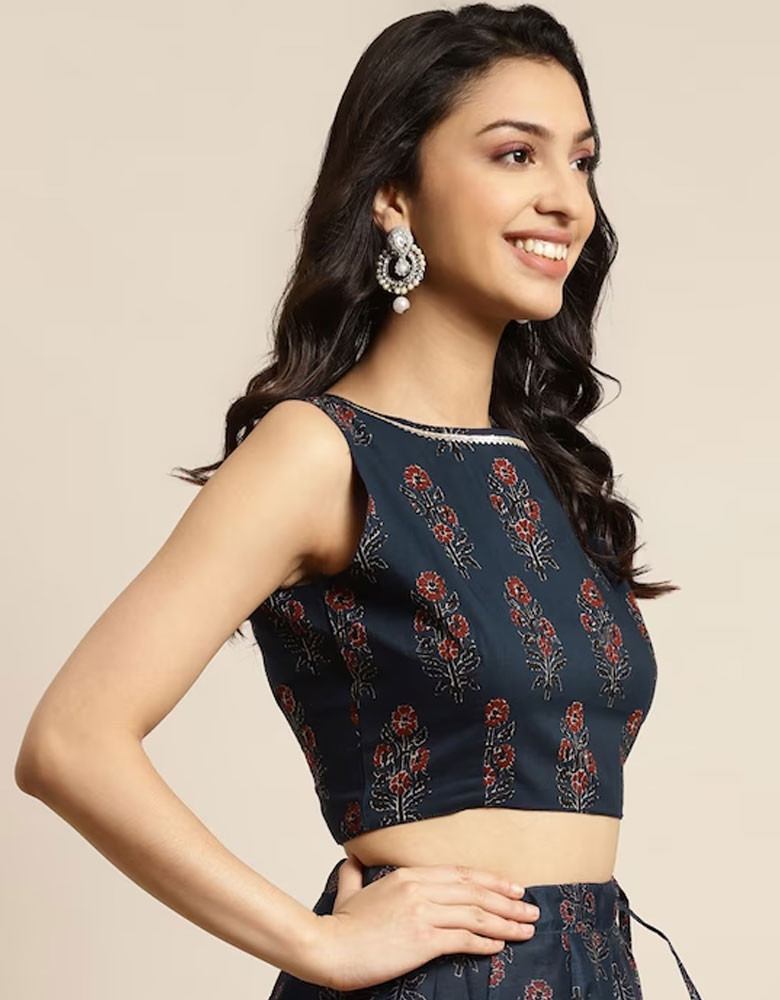 Women Navy Blue & Maroon Floral Print Crop Top