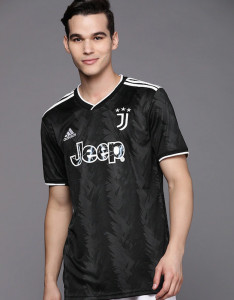 Men Black & White Juventus 22/23 Away Logo Printed V-Neck T-shirt